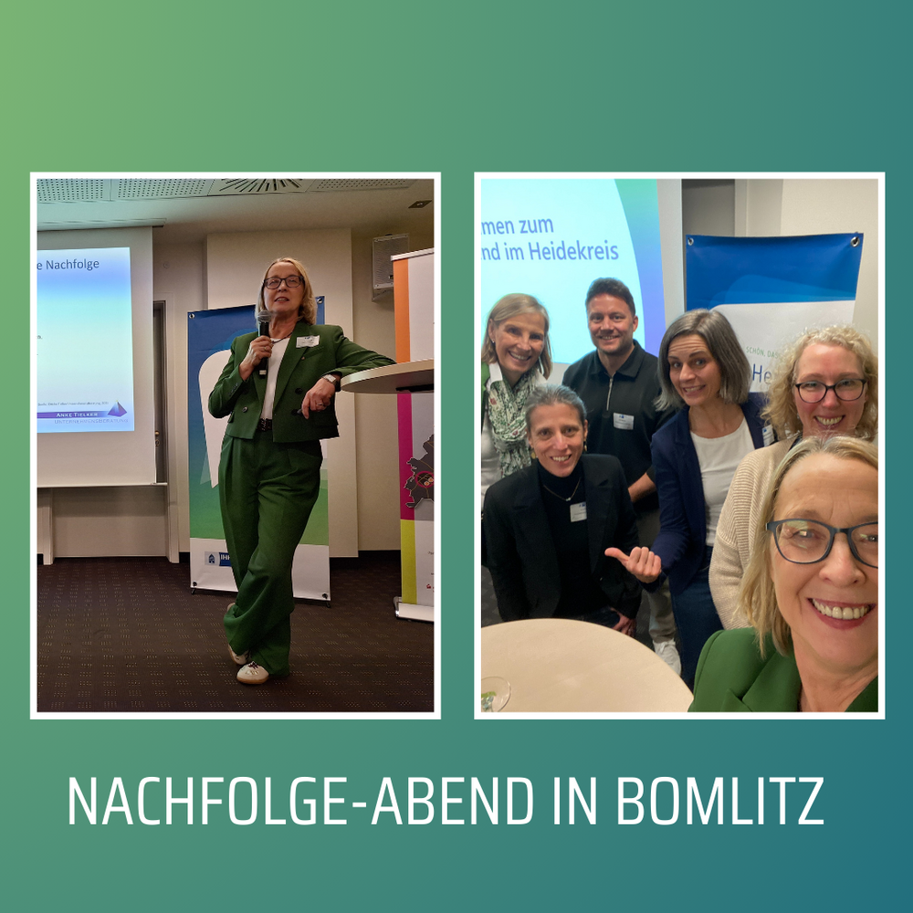 Nachfolge-Abend in Bomlitz | Ⓒ Deltaland, Anke Tielker | Erstellt von: Deltaland | Erstellt mit: Canva Die Bilder zeigen einen Nachfolge-Abend in Bomlitz mit einer großen Zuschauermenge, die aufmerksam einem Vortrag zuhört. In der Mitte des Bildes steht eine Frau in einem grünen Anzug, umgeben von weiteren Teilnehmern, die sich aktiv an der Veranstaltung beteiligen.