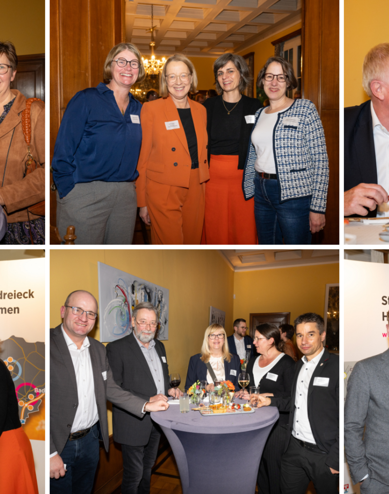 Das Bild zeigt eine Collage aus mehreren Fotos, die Gruppen von Menschen bei einer Netzwerkveranstaltung in einem festlichen und professionellen Ambiente zeigen. Die Teilnehmer unterhalten sich in kleinen Gruppen, genießen Snacks und Getränke, und im Hintergrund sind Infowände zu einem wirtschaftlichen Standortprojekt erkennbar.