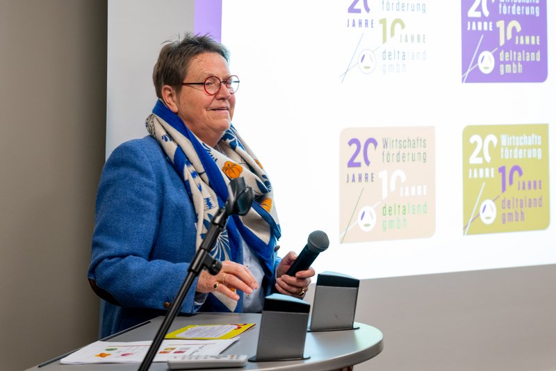 Das Bild zeigt eine Frau mit Brille und einem bunten Schal, die an einem Stehtisch steht und ein Mikrofon hält. Im Hintergrund sind mehrere Logos zu sehen, die auf eine Feier zum 20-jährigen Bestehen einer Organisation hinweisen.