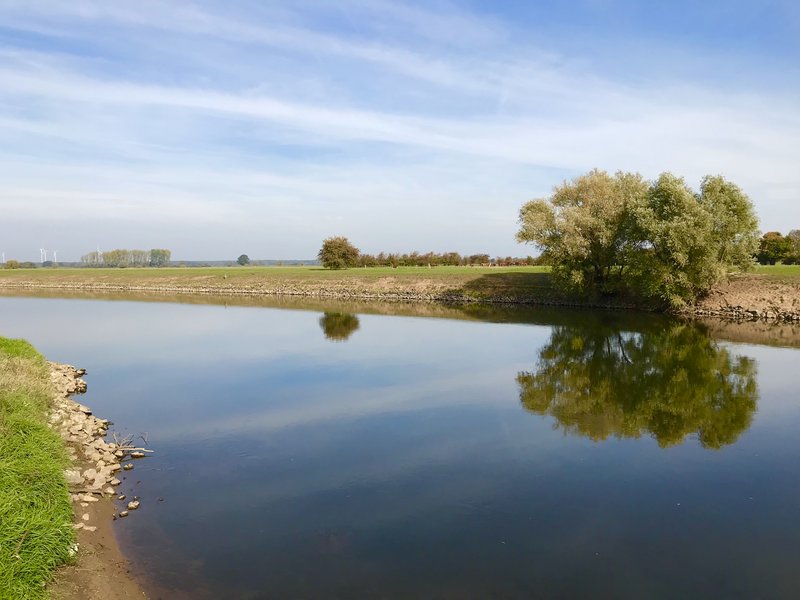 Das Bild zeigt eine idyllische Naturlandschaft mit einem ruhigen See, dessen Oberfläche die umliegenden Bäume und den bewölkten Himmel perfekt widerspiegelt. Die Uferbefestigung aus Steinen und die angrenzenden Wiesenflächen verleihen der Szene einen harmonischen und friedlichen Charakter.