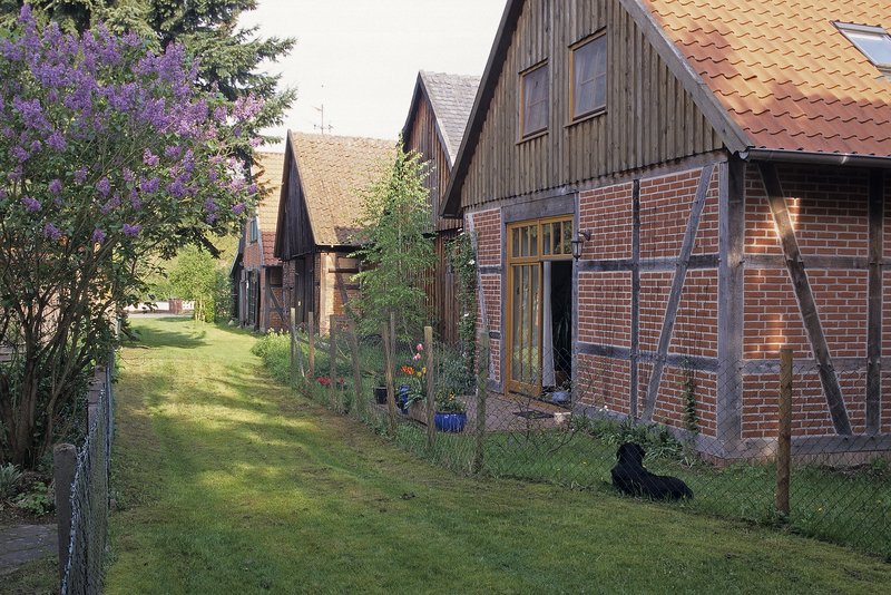 Das Bild zeigt eine malerische ländliche Umgebung mit traditionellen Fachwerkgebäuden, die in eine üppige Grünlandschaft eingebettet sind. Der Kiesweg führt zwischen den liebevoll gestalteten Häusern und Gärten hindurch und vermittelt eine idyllische, friedliche Atmosphäre.