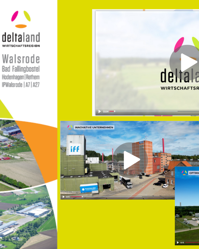 Das Bild zeigt eine Collage, die aus Luftaufnahmen von Industriegebieten und eingebetteten Videos besteht, die sich auf die Wirtschaftsregion "deltaland" konzentrieren. Die Region umfasst Standorte wie Walsrode, Bad Fallingbostel und Hodenhagen und präsentiert Unternehmen, optimale Bedingungen und Infrastrukturvorteile.