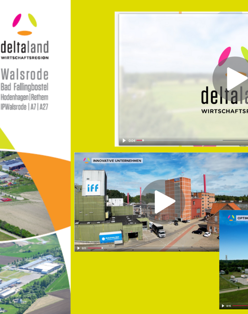 Das Bild zeigt eine Collage, die aus Luftaufnahmen von Industriegebieten und eingebetteten Videos besteht, die sich auf die Wirtschaftsregion "deltaland" konzentrieren. Die Region umfasst Standorte wie Walsrode, Bad Fallingbostel und Hodenhagen und präsentiert Unternehmen, optimale Bedingungen und Infrastrukturvorteile.