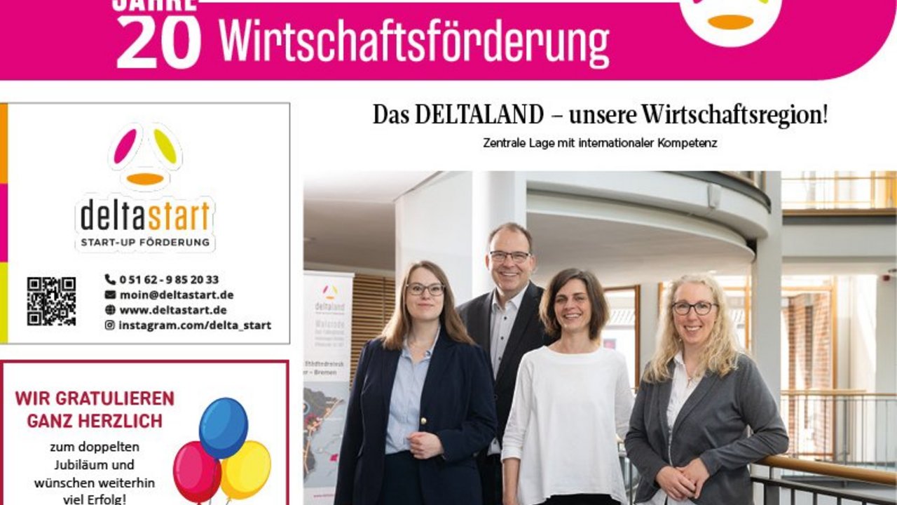 Die Jubiläumsanzeige feiert 10 Jahre Deltaland GmbH und 20 Jahre interkommunale Wirtschaftsförderung in der Region, die sich durch die Unterstützung von kleinen und mittelständischen Unternehmen auszeichnet. Neben einer Beschreibung der regionalen Erfolge gratulieren zahlreiche Partner und Unternehmen mit Anzeigen, die die langjährige Zusammenarbeit würdigen.