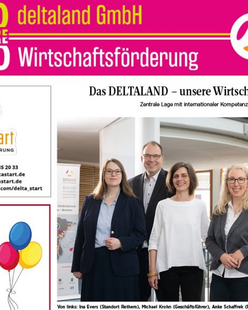 Die Jubiläumsanzeige feiert 10 Jahre Deltaland GmbH und 20 Jahre interkommunale Wirtschaftsförderung in der Region, die sich durch die Unterstützung von kleinen und mittelständischen Unternehmen auszeichnet. Neben einer Beschreibung der regionalen Erfolge gratulieren zahlreiche Partner und Unternehmen mit Anzeigen, die die langjährige Zusammenarbeit würdigen.