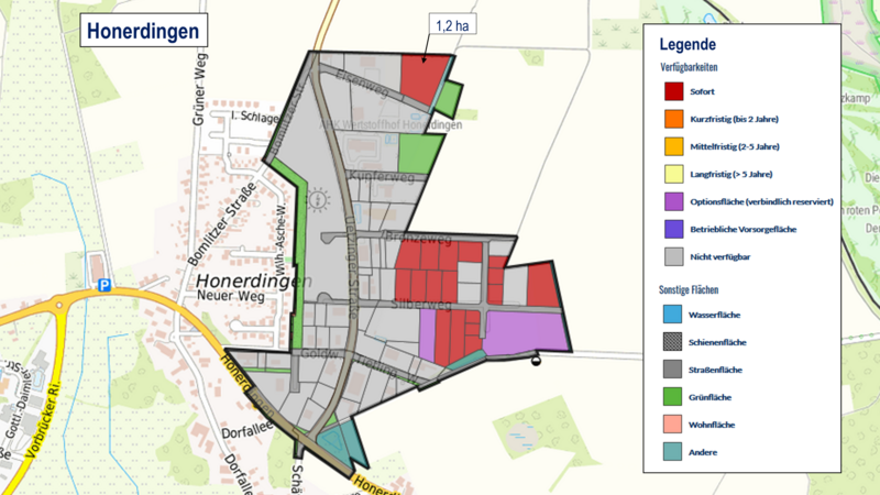 Kartenausschnitt aus Gefis mit den freien Flächen im Gewerbegebiet Honerdingen