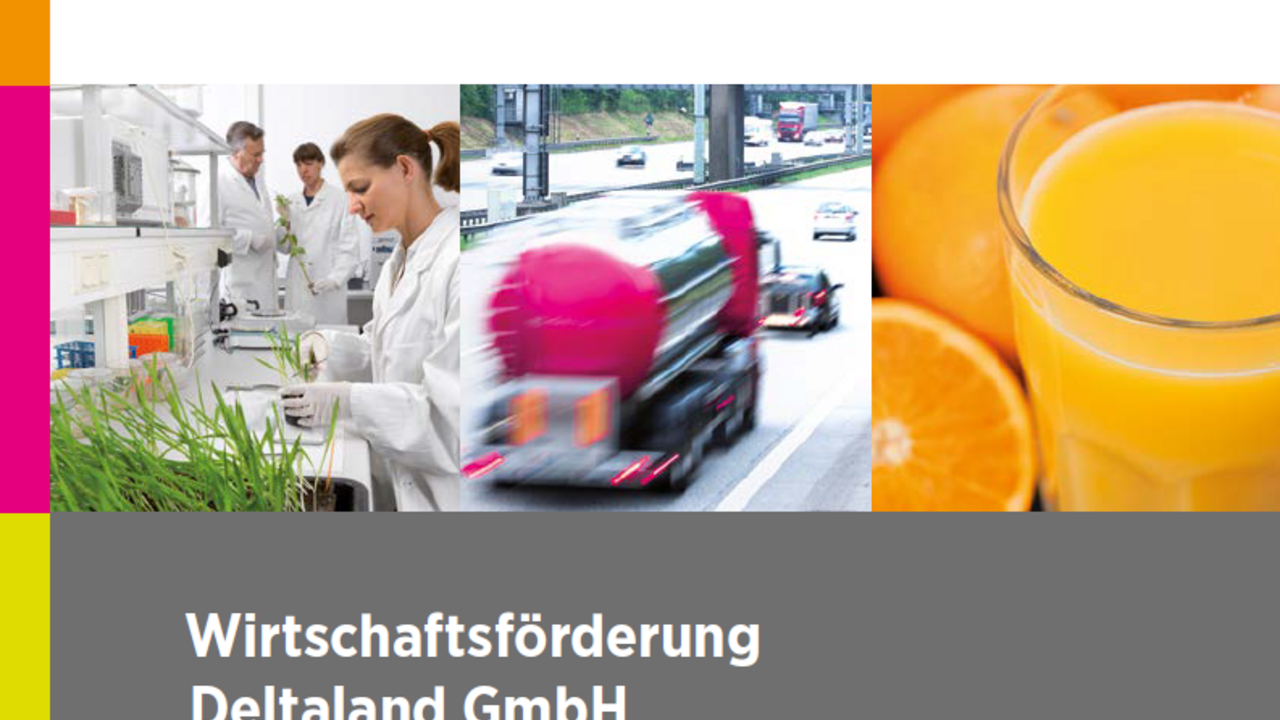 Das Bild zeigt das Cover einer Broschüre der Wirtschaftsförderung Deltaland GmbH, die den Slogan „Für den Standort und die Region: Zahlen – Daten – Fakten“ trägt. Es enthält Bilder von Laborarbeitern, einem Lastwagen auf der Autobahn und einem Glas Orangensaft, die verschiedene Wirtschaftssektoren symbolisieren.