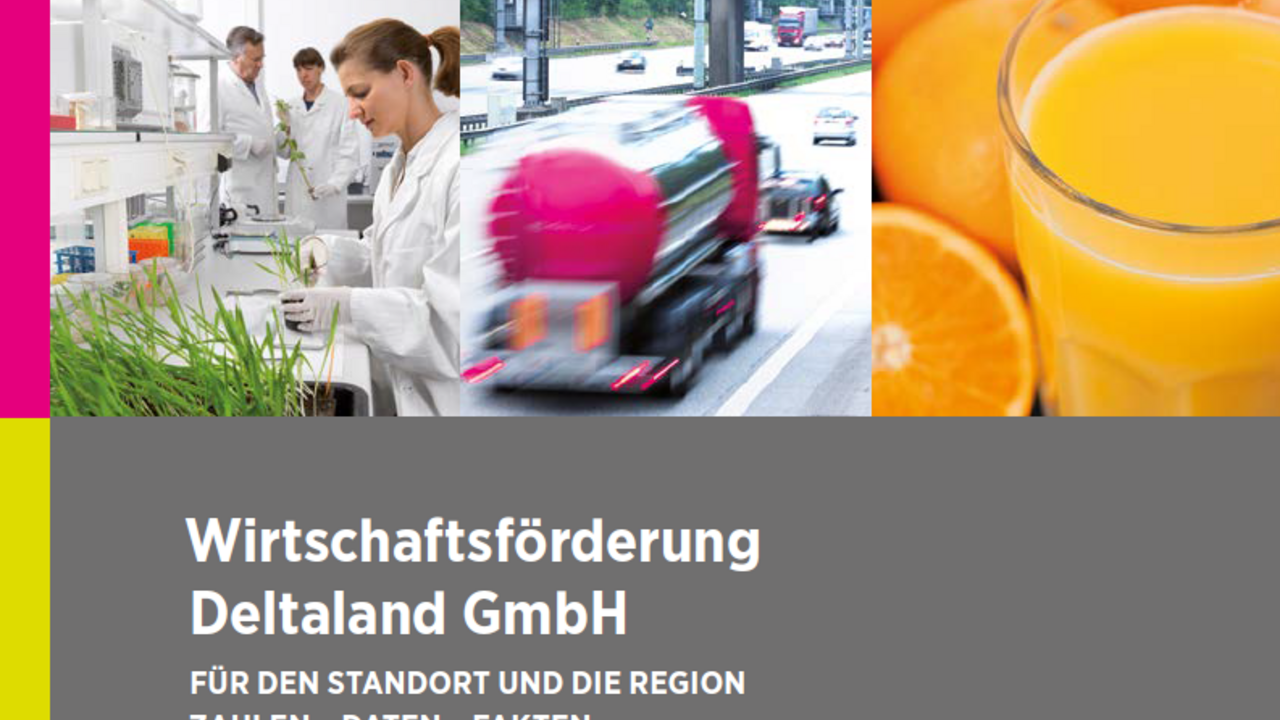 Das Bild zeigt das Cover einer Broschüre der Wirtschaftsförderung Deltaland GmbH, die den Slogan „Für den Standort und die Region: Zahlen – Daten – Fakten“ trägt. Es enthält Bilder von Laborarbeitern, einem Lastwagen auf der Autobahn und einem Glas Orangensaft, die verschiedene Wirtschaftssektoren symbolisieren.