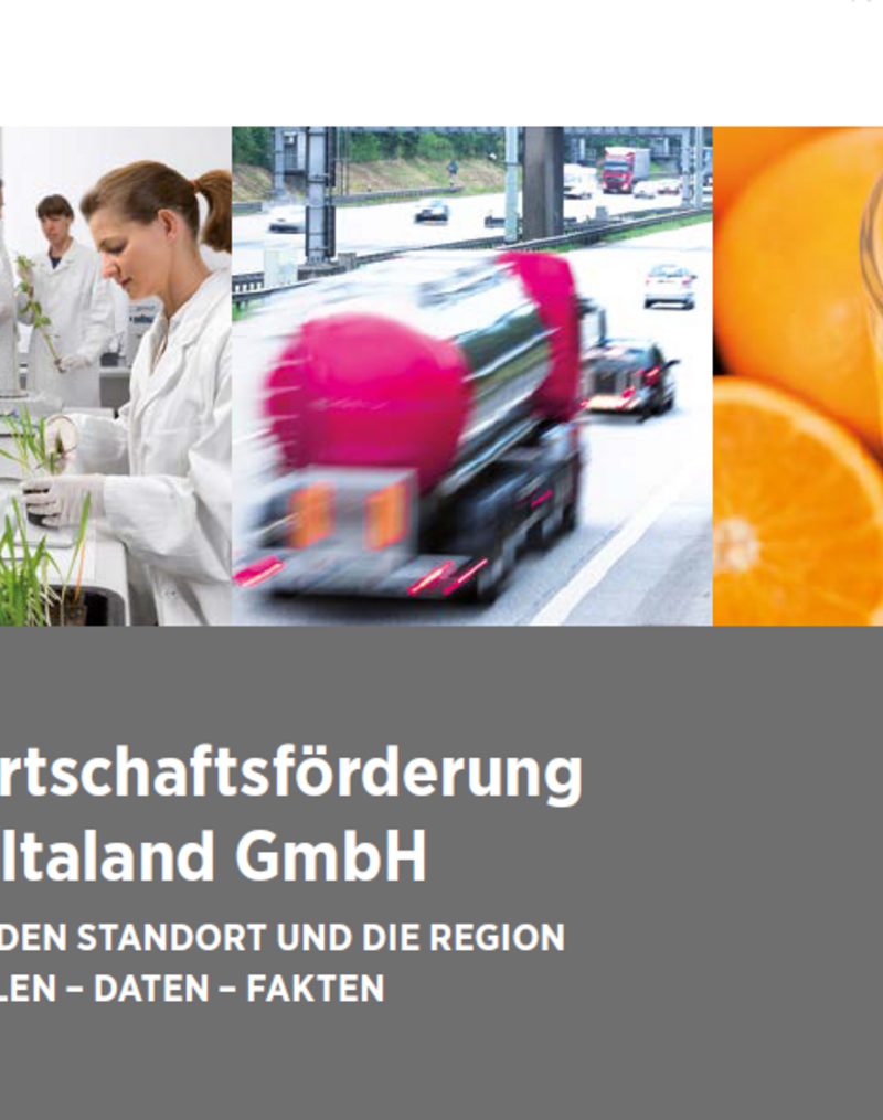 Das Bild zeigt das Cover einer Broschüre der Wirtschaftsförderung Deltaland GmbH, die den Slogan „Für den Standort und die Region: Zahlen – Daten – Fakten“ trägt. Es enthält Bilder von Laborarbeitern, einem Lastwagen auf der Autobahn und einem Glas Orangensaft, die verschiedene Wirtschaftssektoren symbolisieren.