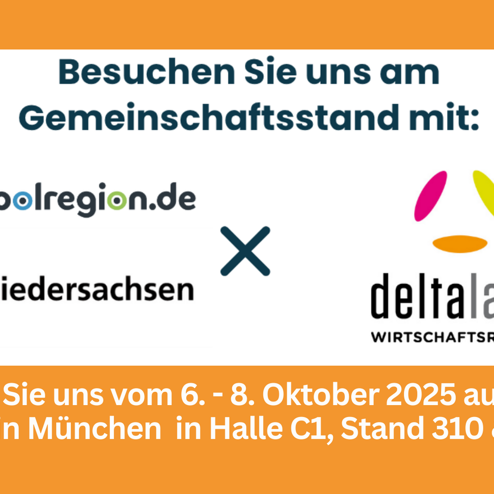 | Ⓒ Metropolregion Das Bild ist ein Ankündigungsplakat für die Teilnahme der Metropolregion und des Landes Niedersachsen an der Expo Real 2025 in München. Es informiert über den Gemeinschaftsstand in Halle C1, Stand 310 & 410, zusammen mit den Partnern metropolregion.de, Niedersachsen und der Wirtschaftsregion Deltaland.