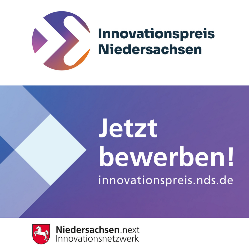 Innovationspreis Niedersachsen 2026 | Ⓒ Innovationsnetzwerk Niedersachsen | Erstellt mit: Canva Quadratische Kachel mit dem Logo des Innovationspreises Niedersachsen oben links: ein stilisiertes farbiges Symbol in Lila, Rosa und Orange neben dem Schriftzug "Innovationspreis Niedersachsen". Darunter ein violetter Bereich mit dem Text "Jetzt bewerben!" und der Webadresse innovationspreis.nds.de. Am unteren Rand das Logo "Niedersachsen.next Innovationsnetzwerk" mit dem niedersächsischen Wappen.