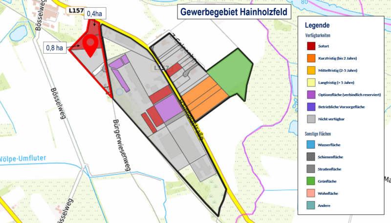 Kartenausschnitt aus Gefis mit den freien Flächen im Gewerbegebiet Hainholzfeld