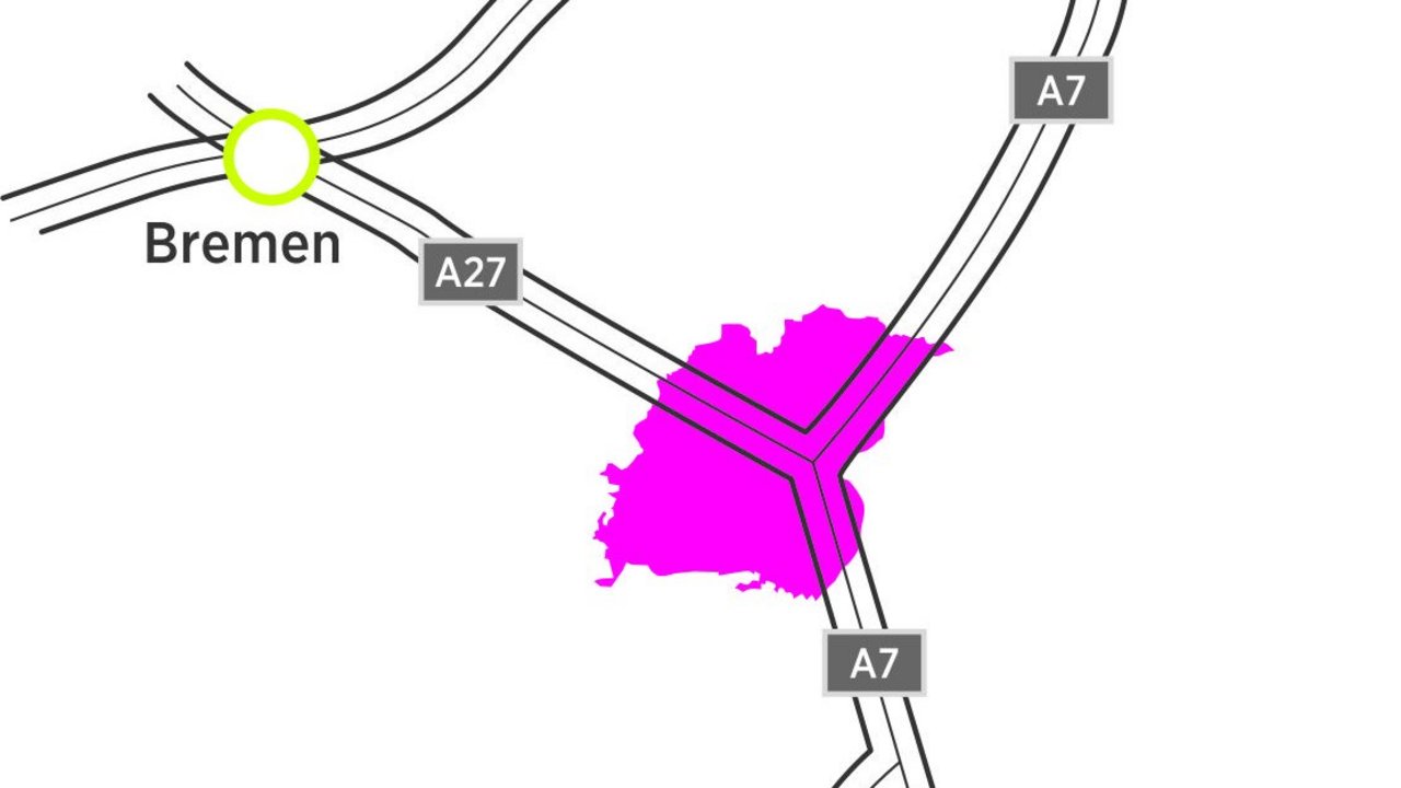  Das Bild zeigt eine Straßenkarte, die die Autobahnen zwischen den Städten Hamburg, Bremen und Hannover darstellt. Die Karte hebt die Hauptautobahnen A1, A2, A7 und A27 hervor und markiert die jeweiligen Städte als Zielorte. 