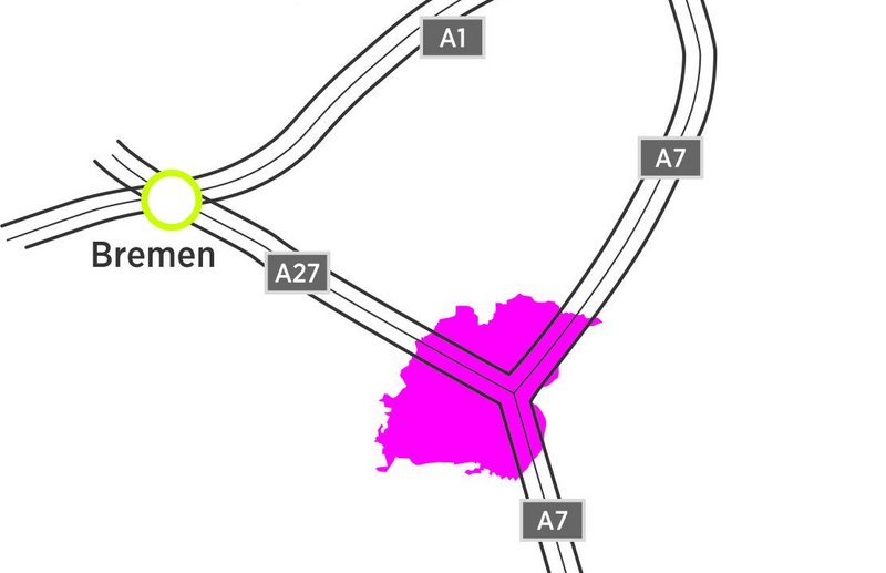 Das Bild zeigt eine Straßenkarte, die die Autobahnen zwischen den Städten Hamburg, Bremen und Hannover darstellt. Die Karte hebt die Hauptautobahnen A1, A2, A7 und A27 hervor und markiert die jeweiligen Städte als Zielorte. 