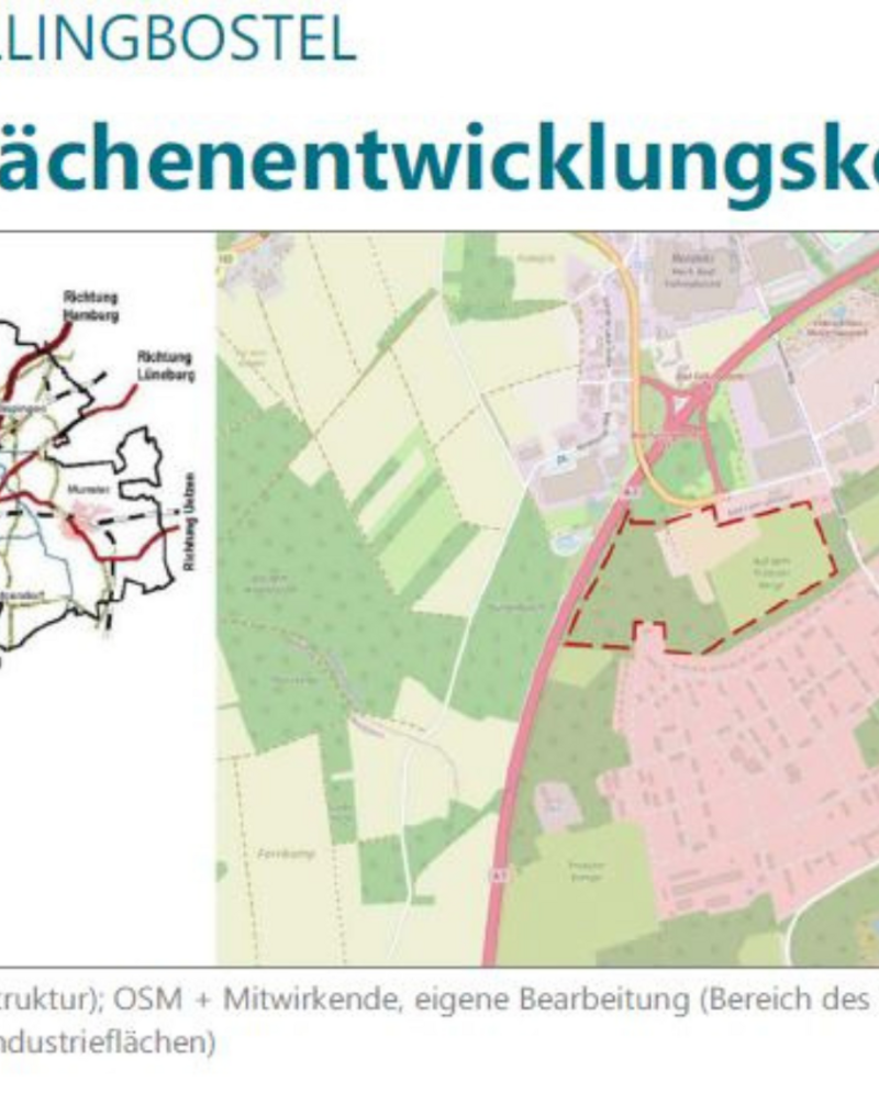 Das Bild zeigt das Gewerbeflächen-Entwicklungskonzept der Stadt Bad Fallingbostel. Es enthält eine Übersichtskarte der Region mit Infrastruktur- und Verkehrsanbindungen sowie eine detailliertere Karte des Stadtgebiets mit potenziellen Industrieflächen. Insgesamt bietet das Konzept einen umfassenden Überblick über die geplante gewerbliche Entwicklung in der Stadt und ihrer Umgebung.