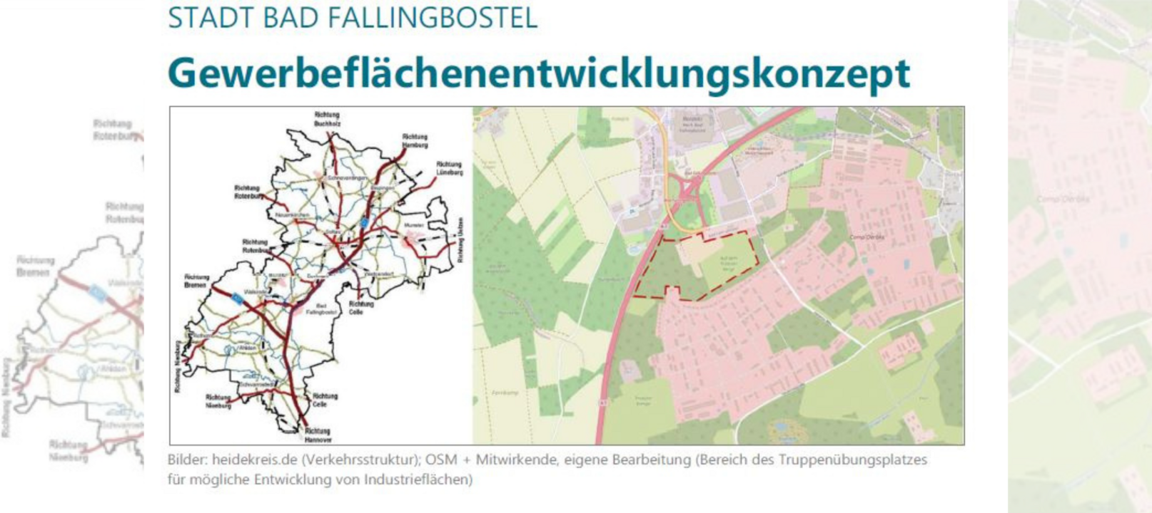 Das Bild zeigt das Gewerbeflächen-Entwicklungskonzept der Stadt Bad Fallingbostel. Es enthält eine Übersichtskarte der Region mit Infrastruktur- und Verkehrsanbindungen sowie eine detailliertere Karte des Stadtgebiets mit potenziellen Industrieflächen. Insgesamt bietet das Konzept einen umfassenden Überblick über die geplante gewerbliche Entwicklung in der Stadt und ihrer Umgebung.