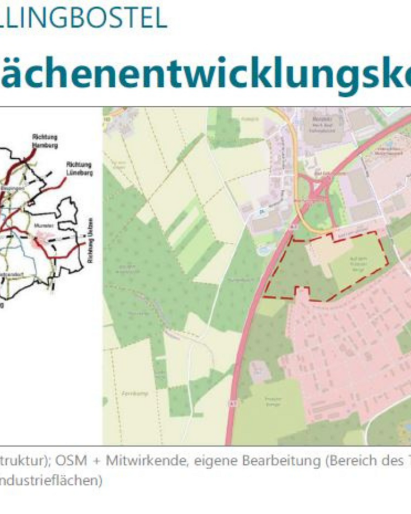 Das Bild zeigt das Gewerbeflächen-Entwicklungskonzept der Stadt Bad Fallingbostel. Es enthält eine Übersichtskarte der Region mit Infrastruktur- und Verkehrsanbindungen sowie eine detailliertere Karte des Stadtgebiets mit potenziellen Industrieflächen. Insgesamt bietet das Konzept einen umfassenden Überblick über die geplante gewerbliche Entwicklung in der Stadt und ihrer Umgebung.