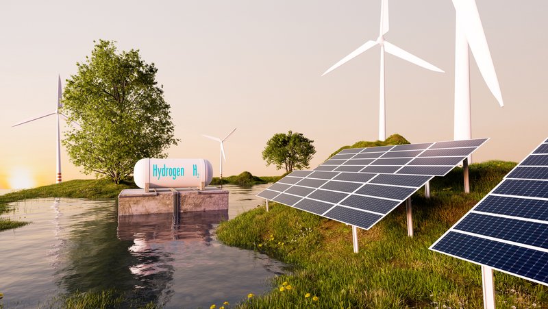 Das Bild zeigt eine Szene mit einem Wasserstoffspeicher, einem Solarpanel und einer Windturbine. Diese Technologien stehen für erneuerbare Energien und die nachhaltige Energiezukunft.