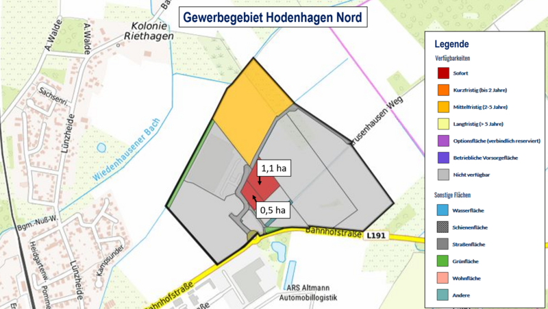 Kartenausschnitt aus Gefis mit den freien Flächen im Gewerbegebiet Hodenhagen Nord