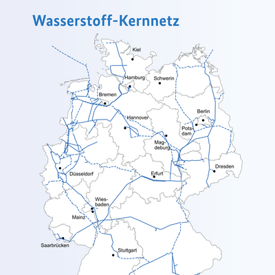 Die Karte zeigt das geplante Wasserstoff-Kernnetz in Deutschland, präsentiert vom Bundesministerium für Wirtschaft und Klimaschutz sowie FNB Gas. Linienarten: Durchgezogene blaue Linien: Umstellungsleitungen Gestrichelte blaue Linien: Neubauleitungen Wichtige Städte: Kiel, Hamburg, Bremen, Schwerin, Berlin, Potsdam, Dresden, Hannover, Magdeburg, Erfurt, Düsseldorf, Wiesbaden, Saarbrücken, Stuttgart, München. Die Karte veranschaulicht die geplante Wasserstoff-Infrastruktur zur Verbindung wichtiger Städte und Regionen in Deutschland.