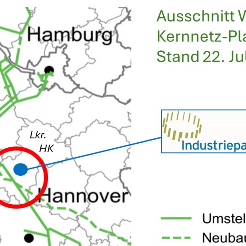 Die Abbildung zeigt einen Ausschnitt der Wasserstoff-Kernnetz-Planung mit dem Stand vom 22. Juli 2024. Deutlich markiert sind die Städte Hamburg, Bremen und Hannover sowie der Industriepark Walsrode, der durch eine blaue Markierung hervorgehoben wird. Die grüne durchgezogene Linie stellen die Umstellungsleitung des Netzes dar, während die grün gestrichelte Linie die Neubauleitungen darstellt.