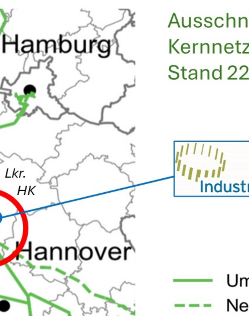 Die Abbildung zeigt einen Ausschnitt der Wasserstoff-Kernnetz-Planung mit dem Stand vom 22. Juli 2024. Deutlich markiert sind die Städte Hamburg, Bremen und Hannover sowie der Industriepark Walsrode, der durch eine blaue Markierung hervorgehoben wird. Die grüne durchgezogene Linie stellen die Umstellungsleitung des Netzes dar, während die grün gestrichelte Linie die Neubauleitungen darstellt.