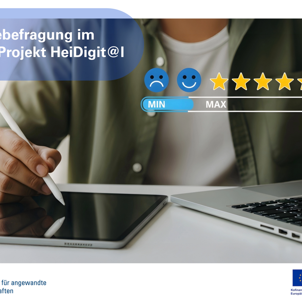 | Ⓒ Ostfalia Das Bild zeigt eine Person, die mit einem Stylus auf einem Tablet arbeitet, während ein Laptop im Hintergrund sichtbar ist. Darüber befindet sich eine Umfrageansicht mit einer Skala von einem bis fünf Sternen, die zur Bewertung einlädt.